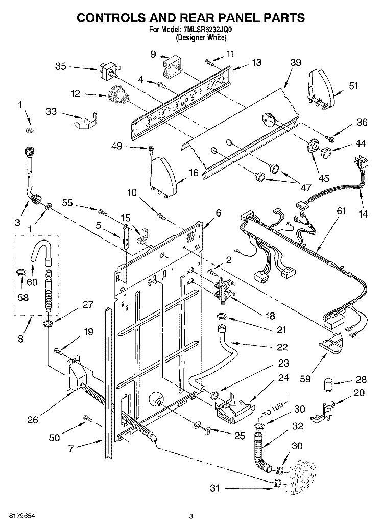 CONTROLS AND REAR PANEL Diagram and Parts List for 7MLSR6232JQ0  Whirlpool Washer
