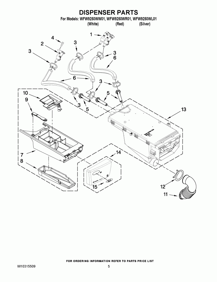 DISPENSER PARTS Diagram and Parts List for WFW9250WL01  Whirlpool Washer