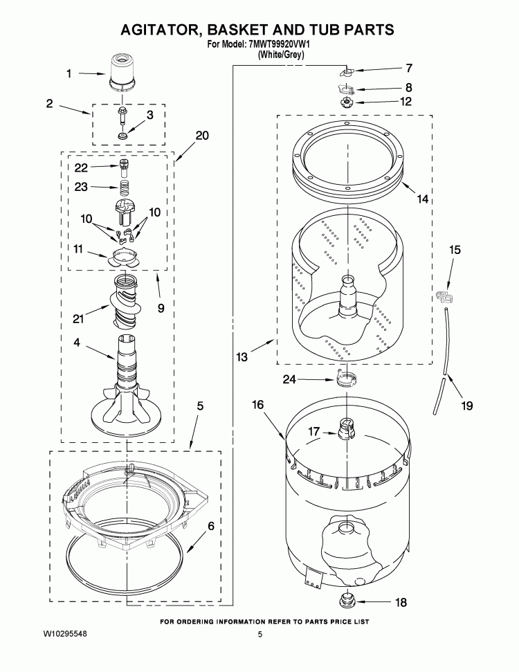 AGITATOR, BASKET AND TUB PARTS Diagram and Parts List for 7MWT99920VW1  Whirlpool Washer