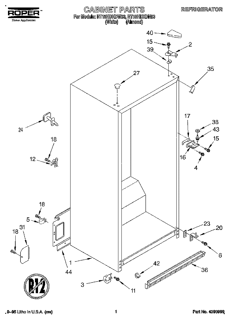 CABINET Diagram and Parts List for RT18HDXDN03  Roper Refrigerator
