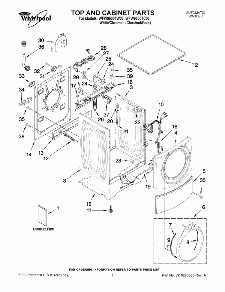 TOP AND CABINET PARTS Diagram and Parts List for WFW9500TW03  Whirlpool Washer