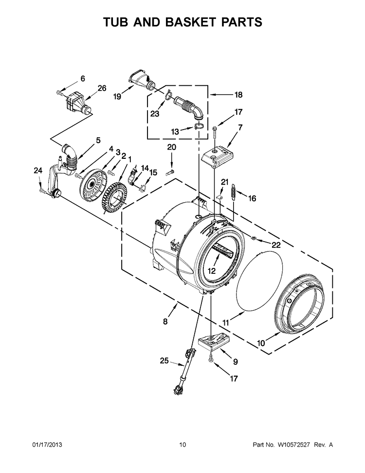 TUB AND BASKET PARTS Diagram and Parts List for WFW70HEBW0  Whirlpool Washer