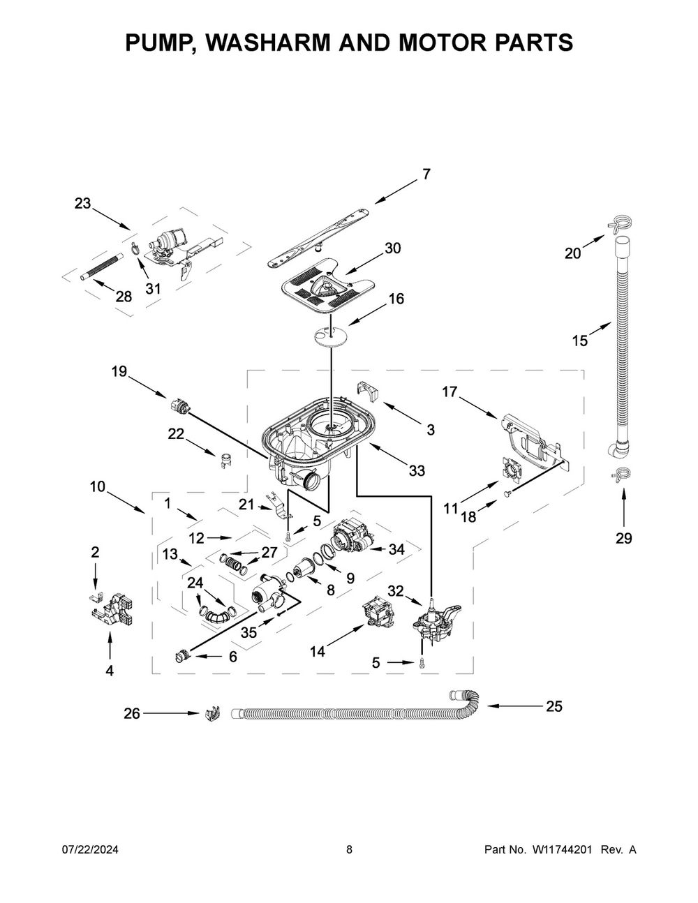 05 - Pump, Washarm And Motor Parts Diagram and Parts List for KDPM604KBS3  Whirlpool Dishwasher