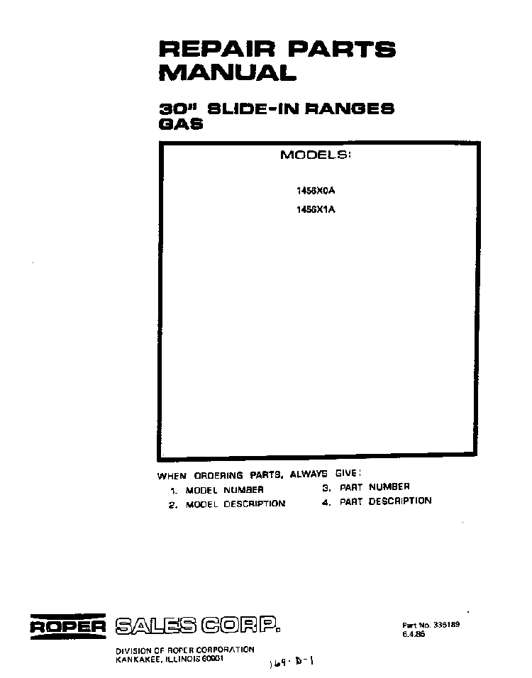 Cover Page-text Only Diagram and Parts List for 1456*0A  Roper Range