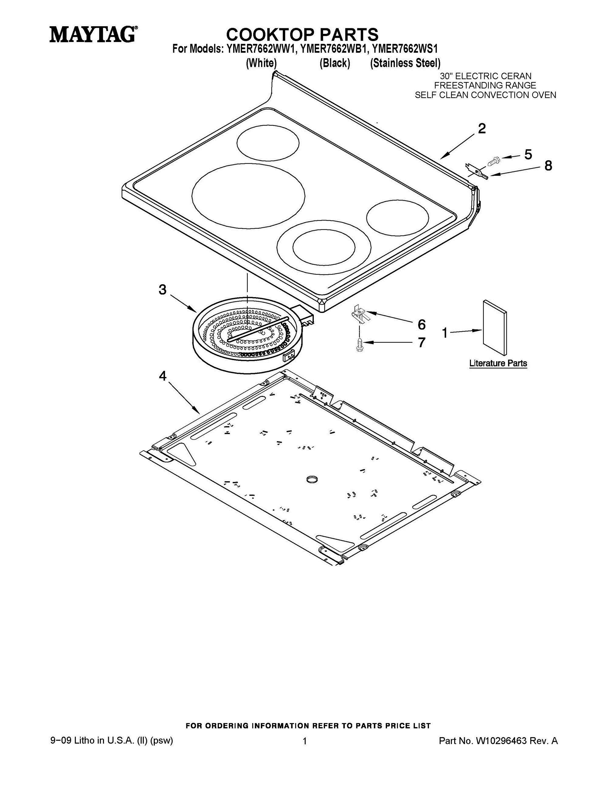 01 - COOKTOP PARTS Diagram and Parts List for YMER7662WW1  Whirlpool Range