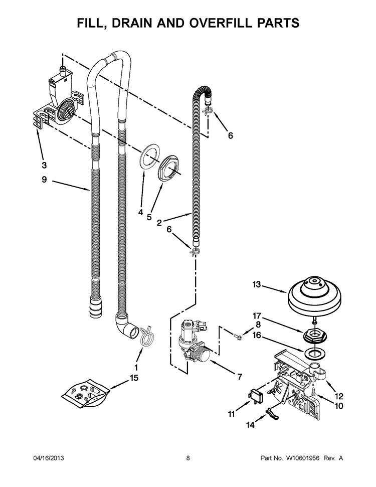 FILL, DRAIN AND OVERFILL PARTS Diagram and Parts List for WDT790SAYW2  Whirlpool Dishwasher