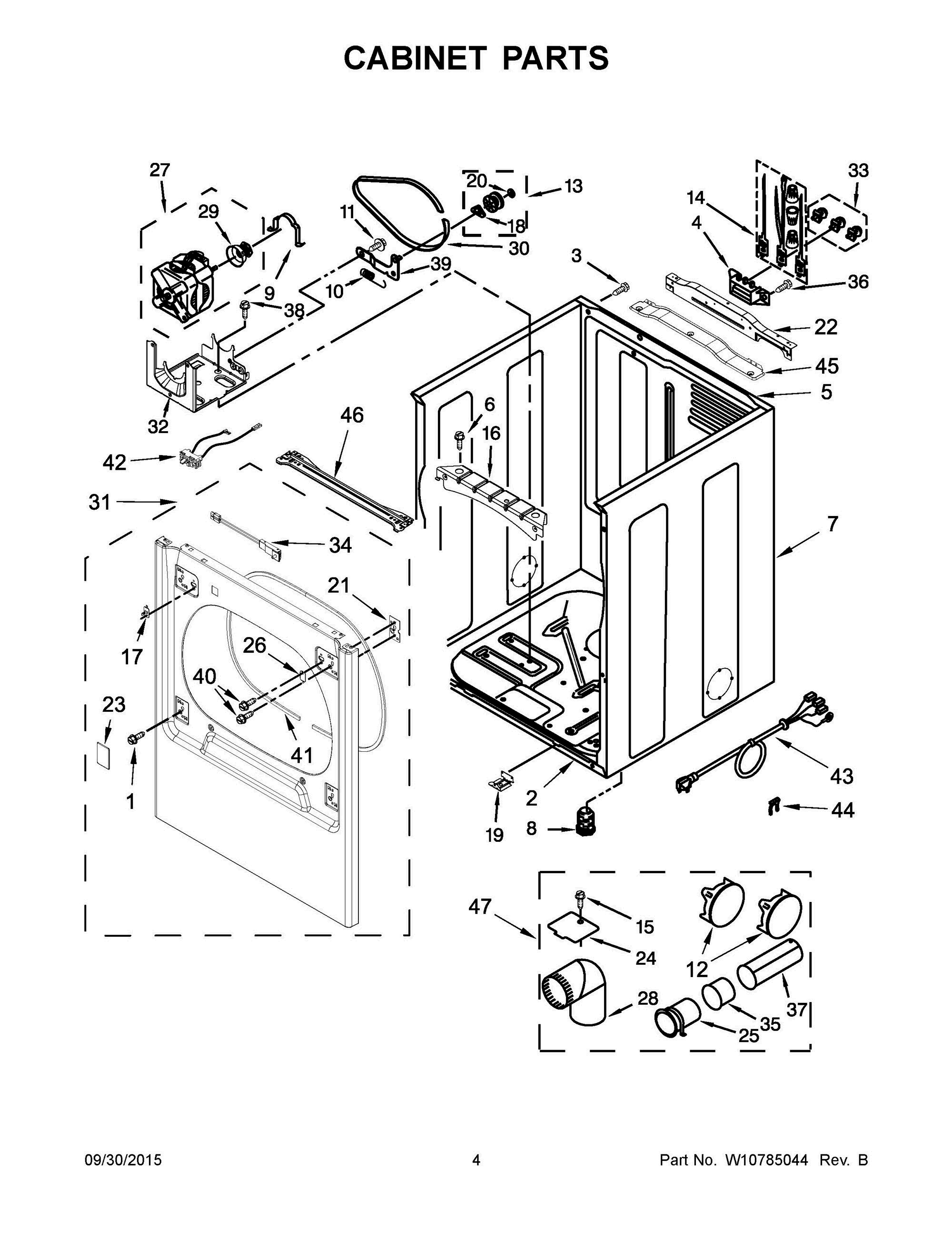 03 - CABINET PARTS Diagram and Parts List for YWED8500DC1  Whirlpool Dryer