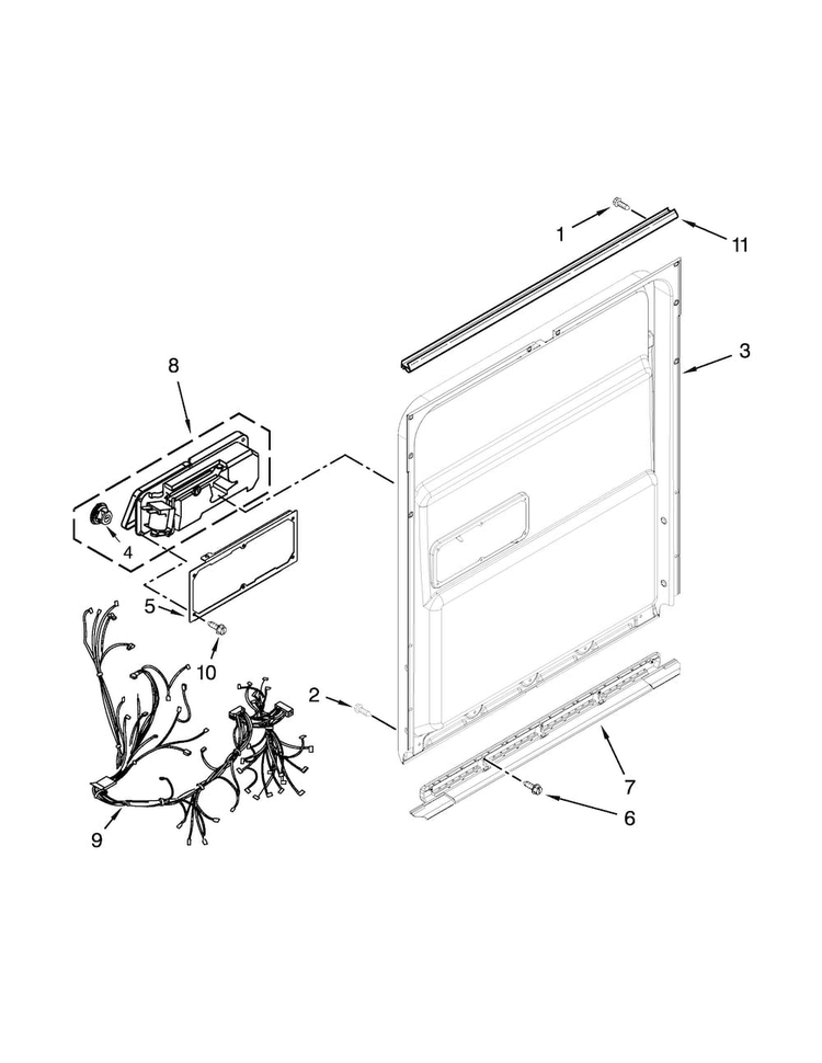 Inner Door Parts Diagram and Parts List for WDT790SAYW3  Whirlpool Dishwasher