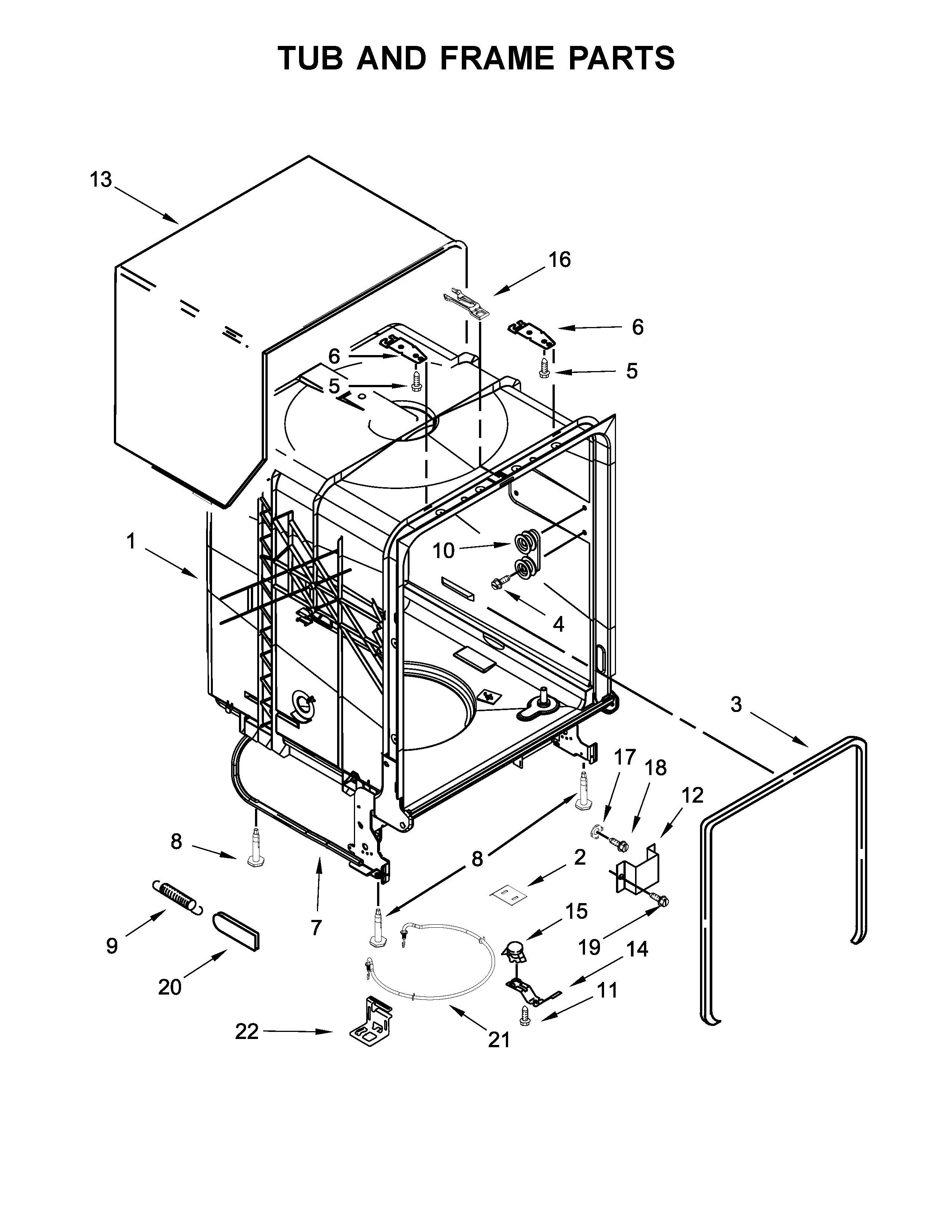 Tub And Frame Parts Diagram and Parts List for 66513204N412  Kenmore Dishwasher