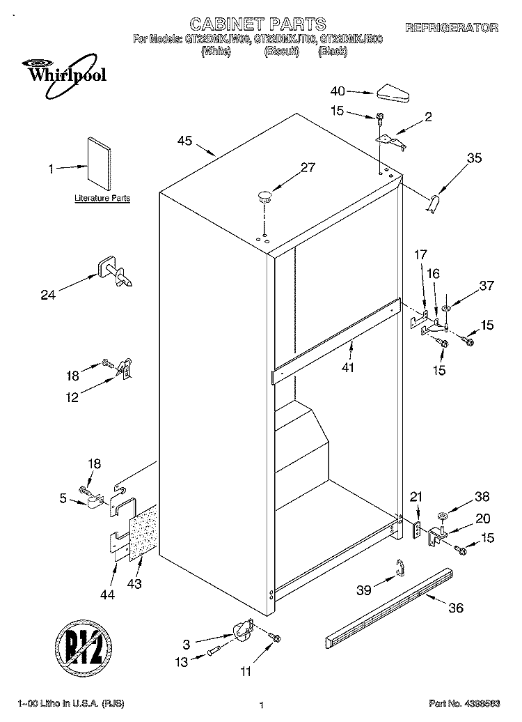 CABINET, LITERATURE Diagram and Parts List for GT22DMXJW00  Whirlpool Refrigerator