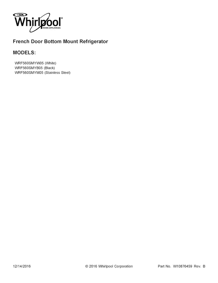 Cover Sheet Diagram and Parts List for WRF560SMYB05  Whirlpool Refrigerator