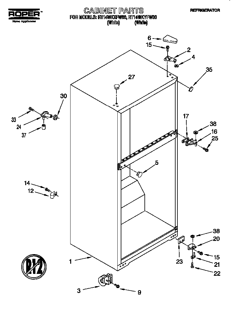 Cabinet Diagram and Parts List for RT14WKXFN00  Roper Refrigerator