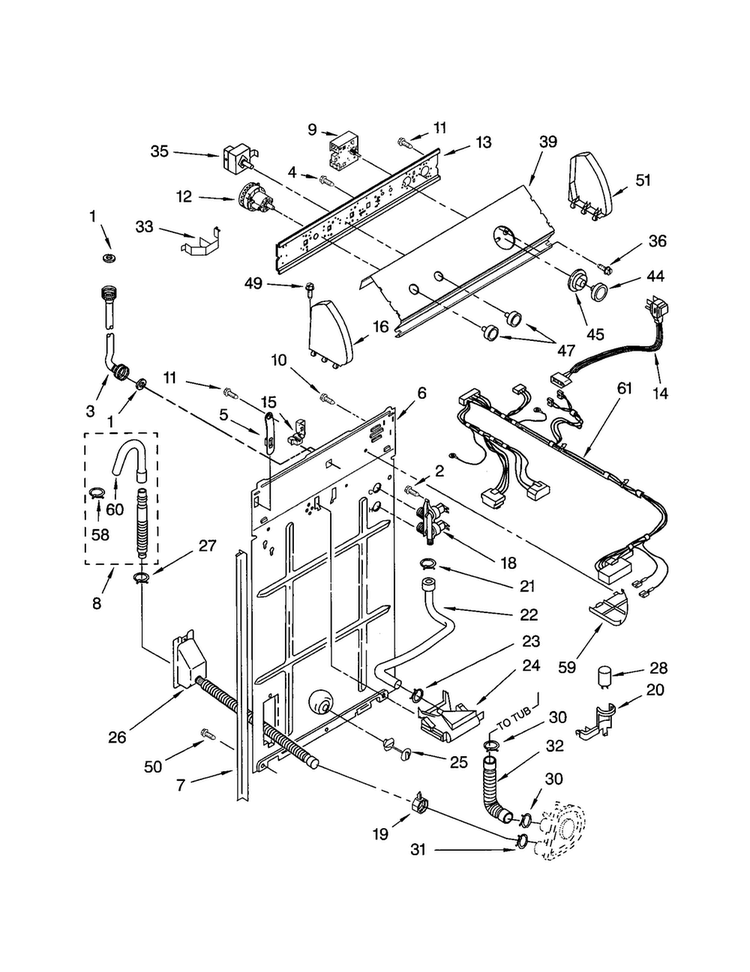 Controls And Rear Panel Diagram and Parts List for 7MLSR6232JQ1  Whirlpool Washer