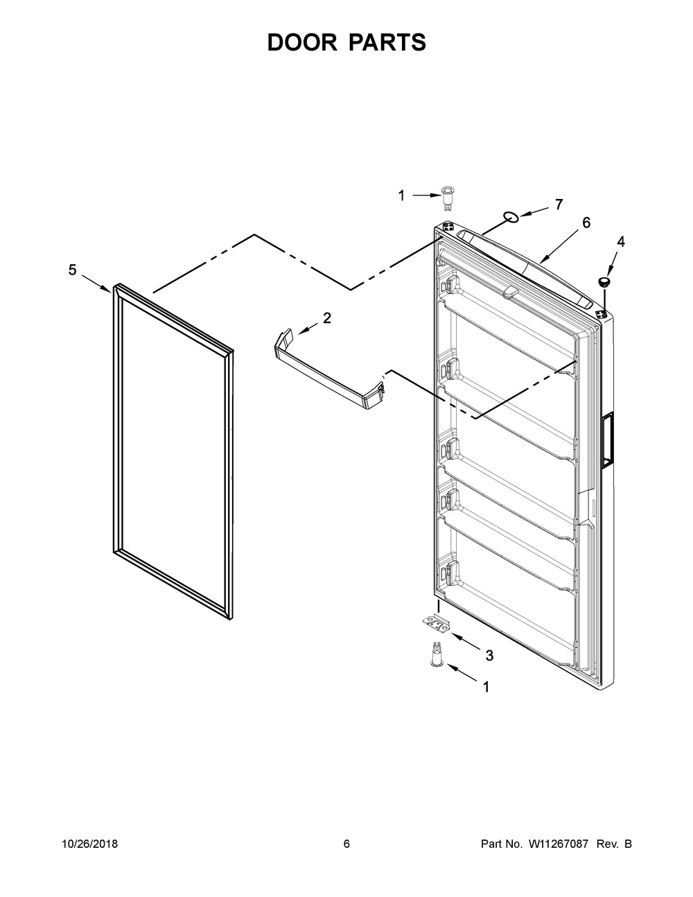 Door Parts Diagram and Parts List for WZF34X20DW01  Whirlpool Freezer