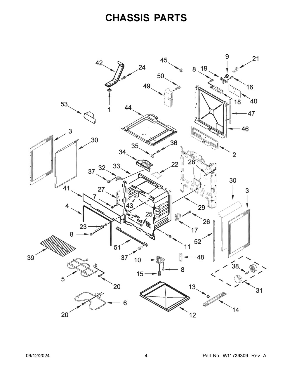 Chassis Parts Diagram and Parts List for WEE515SALB3  Whirlpool Range