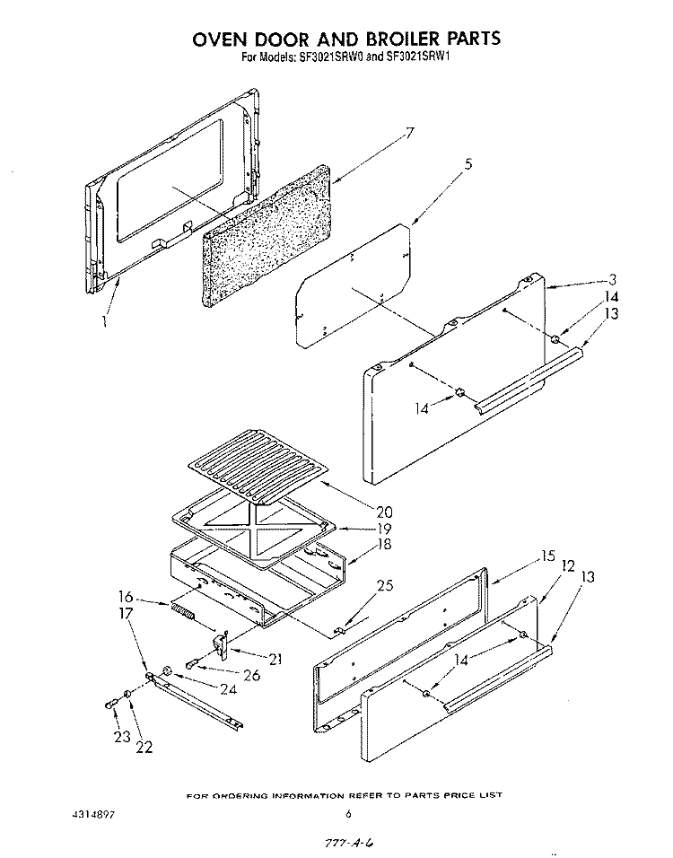 OVEN DOOR AND BROILER Diagram and Parts List for SF3021SRW1  Whirlpool Range