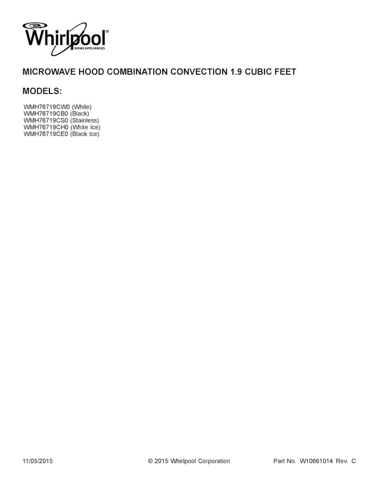 Cover Sheet Diagram and Parts List for WMH76719CH0  Whirlpool Microwave