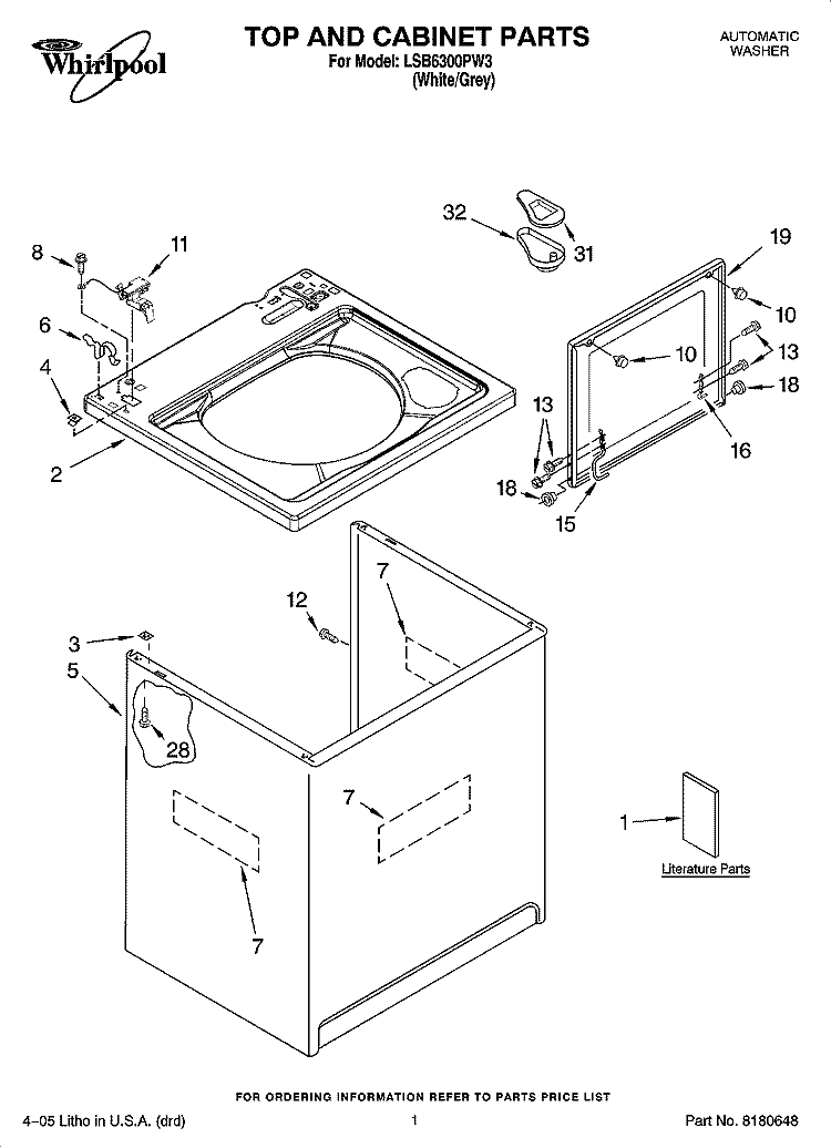TOP AND CABINET PARTS Diagram and Parts List for LSB6300PW3  Whirlpool Washer