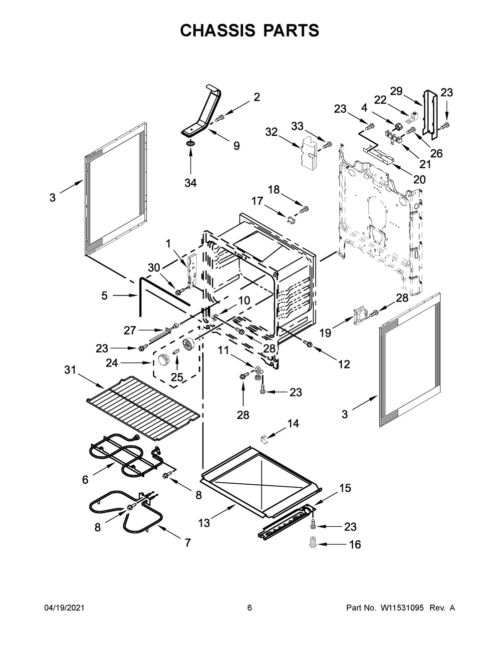 Chassis Parts Diagram and Parts List for WFE320M0JS1  Whirlpool Range