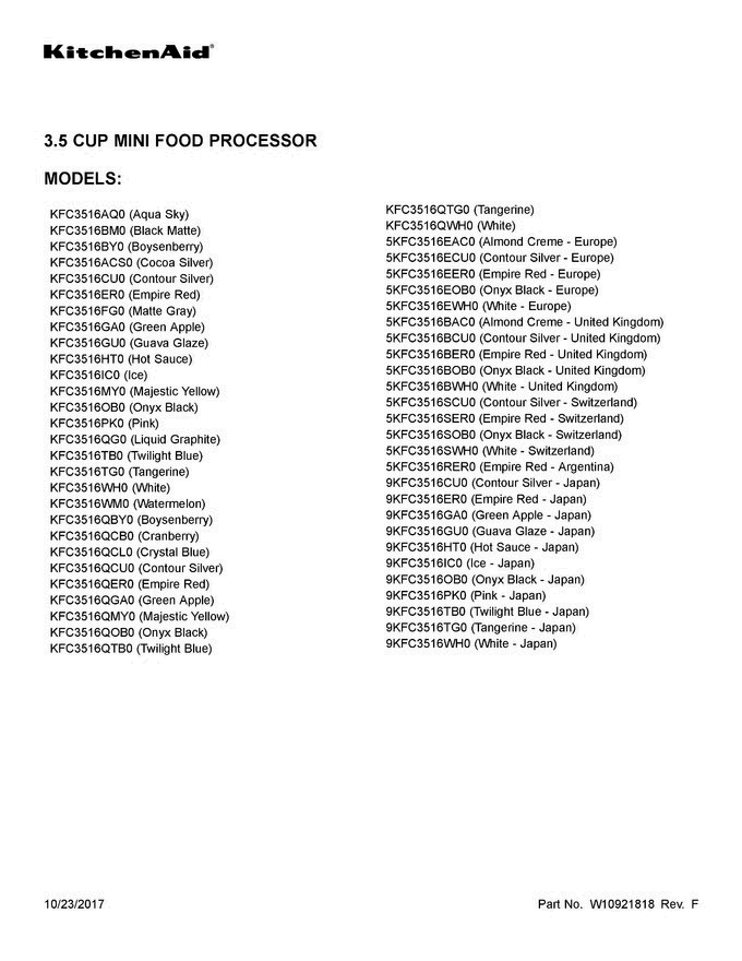 01 - Cover Sheet Diagram and Parts List for 9KFC3516HT0  KitchenAid Dishwasher