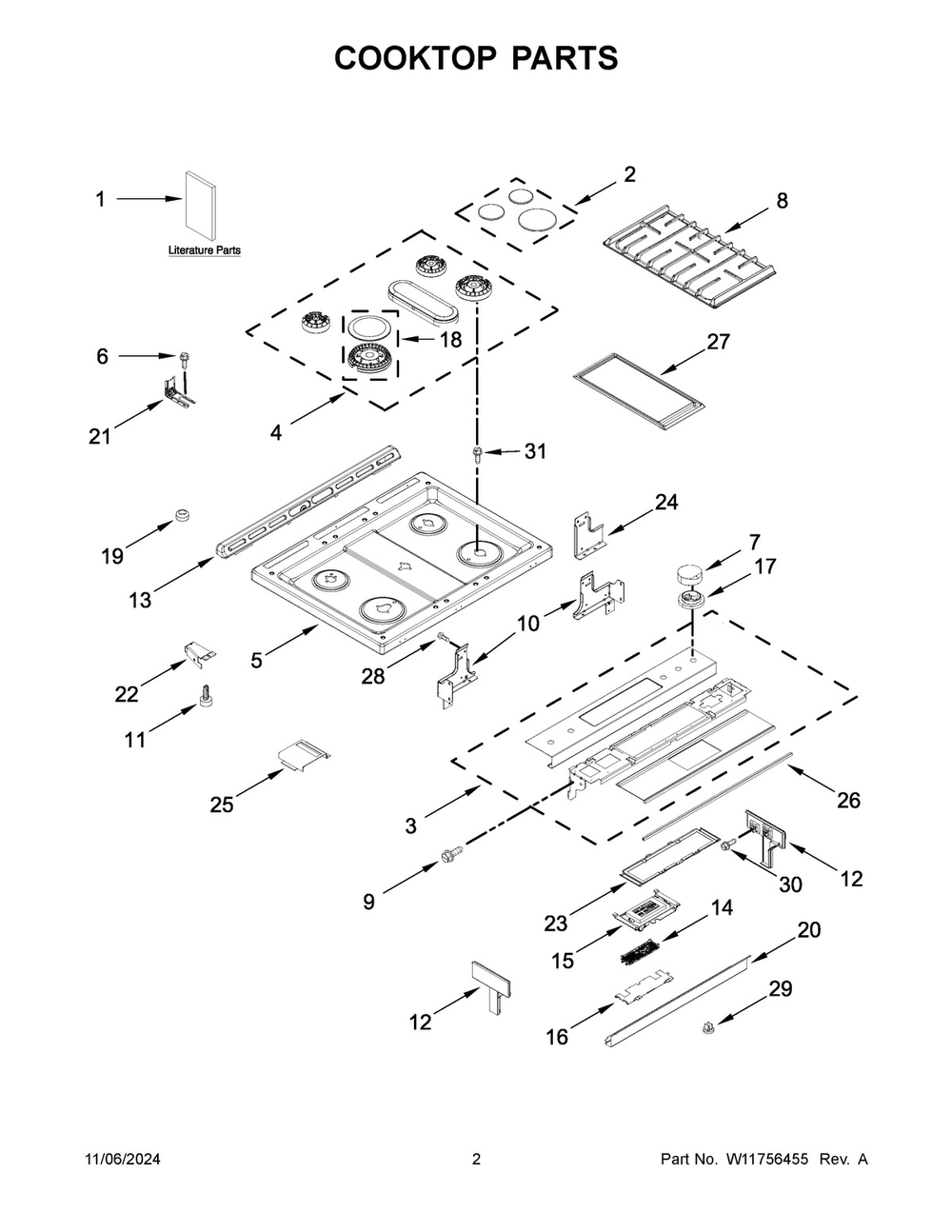 02 - Cooktop Parts Diagram and Parts List for JGS1450ML2  Whirlpool Range