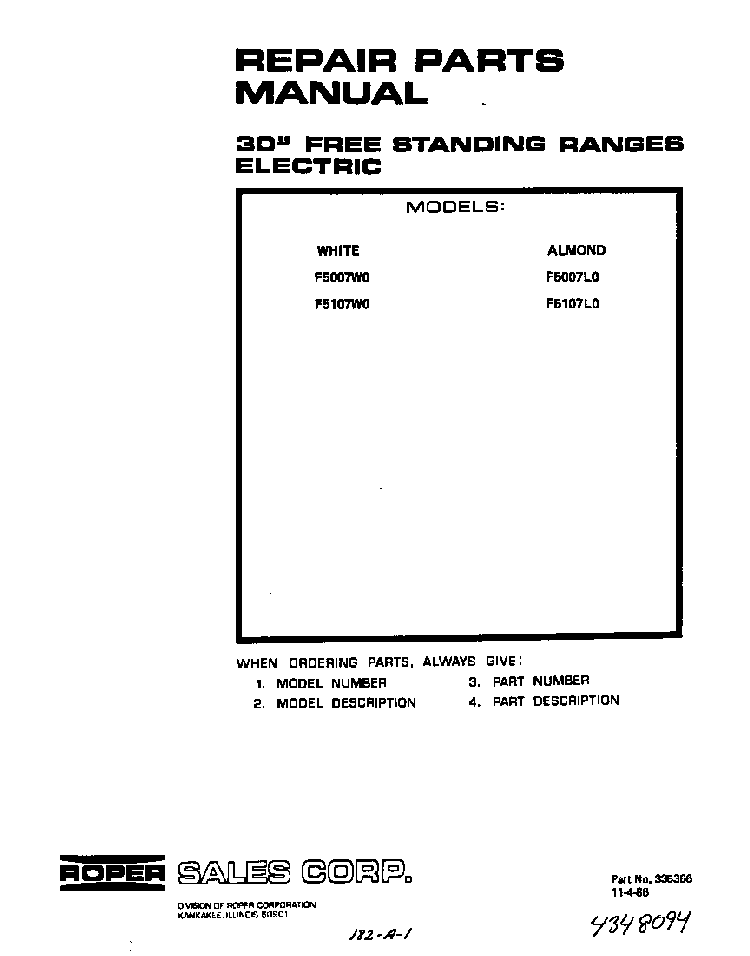 Front Cover Diagram and Parts List for F5107*0  Roper Range