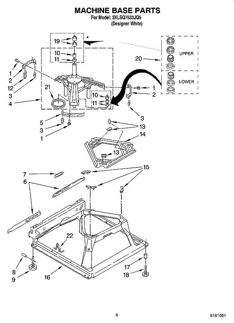 MACHINE BASE PARTS Diagram and Parts List for 3XLSQ7533JQ5  Whirlpool Washer