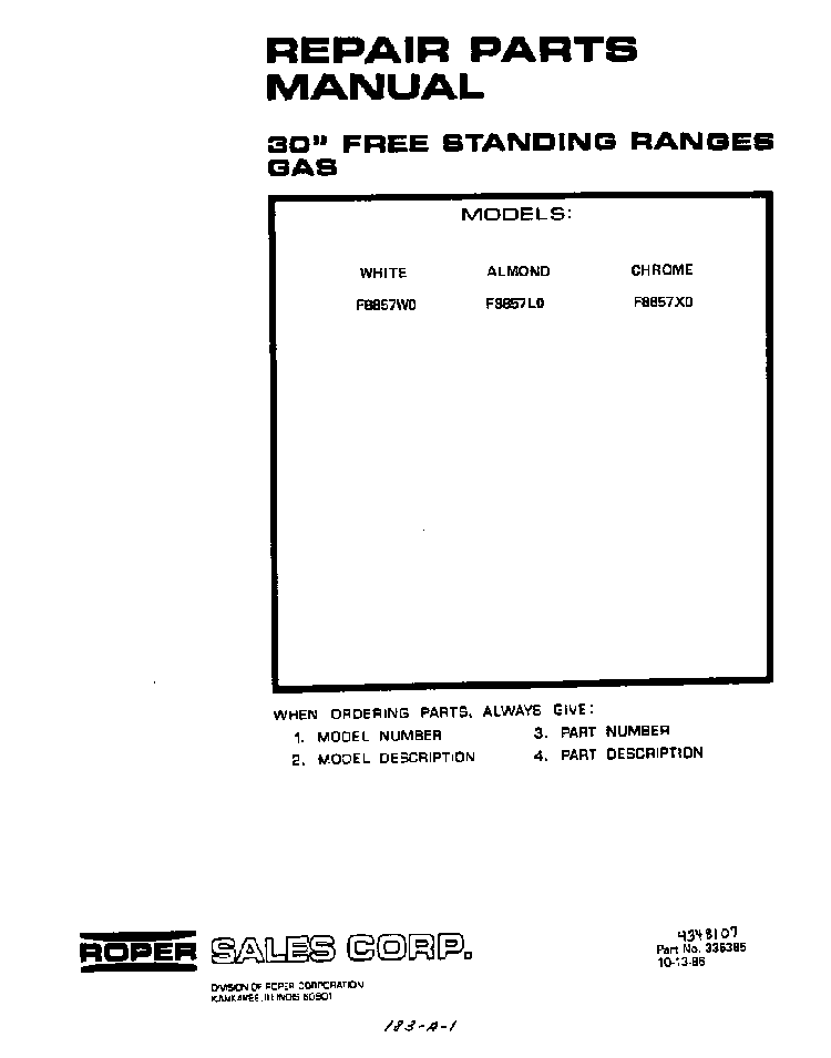 Front Cover Diagram and Parts List for F8857*0  Roper Range