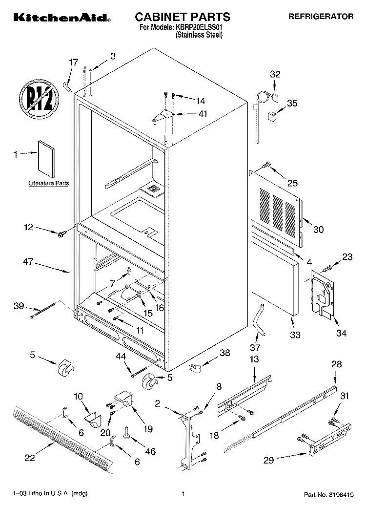 CABINET PARTS Diagram and Parts List for KBRP20ELSS01  KitchenAid Refrigerator
