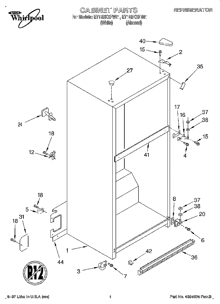 CABINET Diagram and Parts List for ET19DKXFN01  Whirlpool Refrigerator