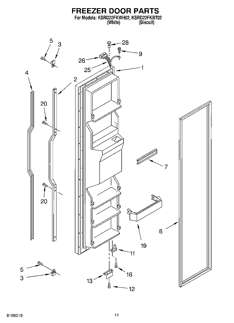 FREEZER DOOR Diagram and Parts List for KSRD22FKBT02  KitchenAid Refrigerator