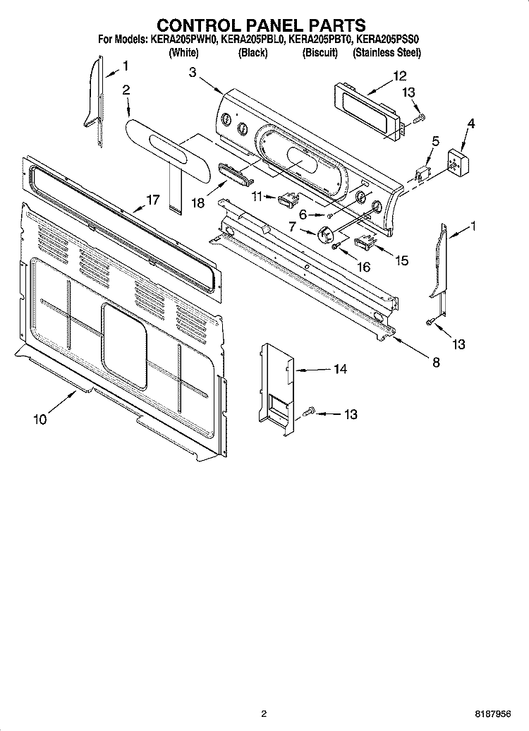CONTROL PANEL PARTS Diagram and Parts List for KERA205PSS0  KitchenAid Range