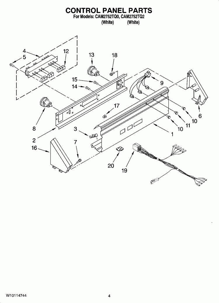 CONTROL PANEL PARTS Diagram and Parts List for CAM2752TQ2  Whirlpool Washer