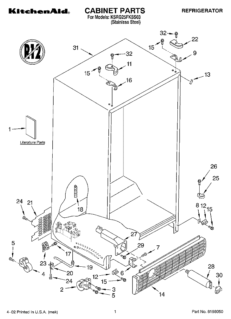 CABINET, LITERATURE Diagram and Parts List for KSRG25FKSS03  KitchenAid Refrigerator