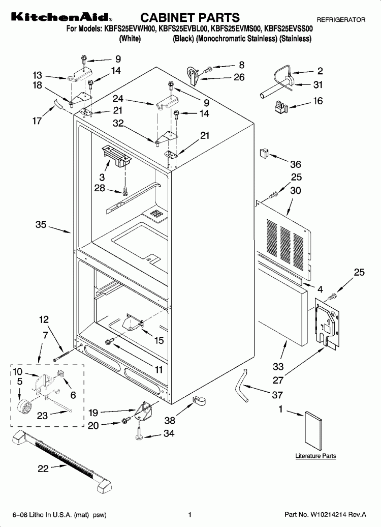 CABINET PARTS Diagram and Parts List for KBFS25EVMS00  KitchenAid Refrigerator