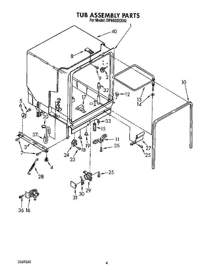 TUB ASSEMBLY Diagram and Parts List for DP8500XXN0  Whirlpool Dishwasher