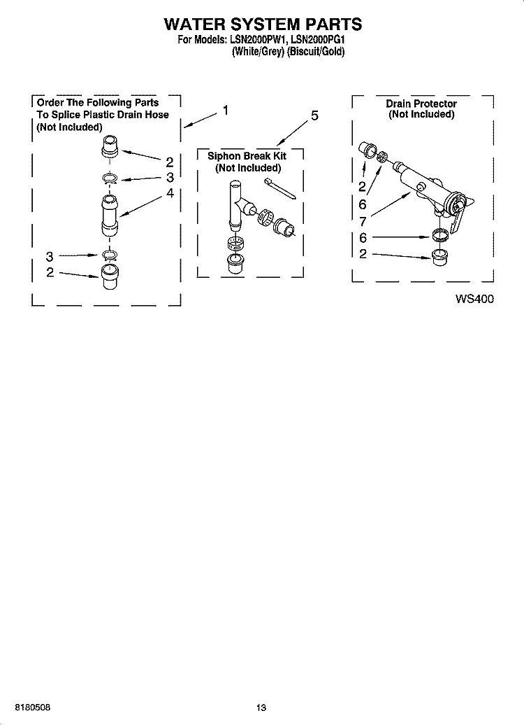WATER SYSTEM PARTS, MISCELLANEOUS PARTS, OPTIONAL PARTS (NOT INCLUDED) Diagram and Parts List for LSN2000PG1  Whirlpool Washer