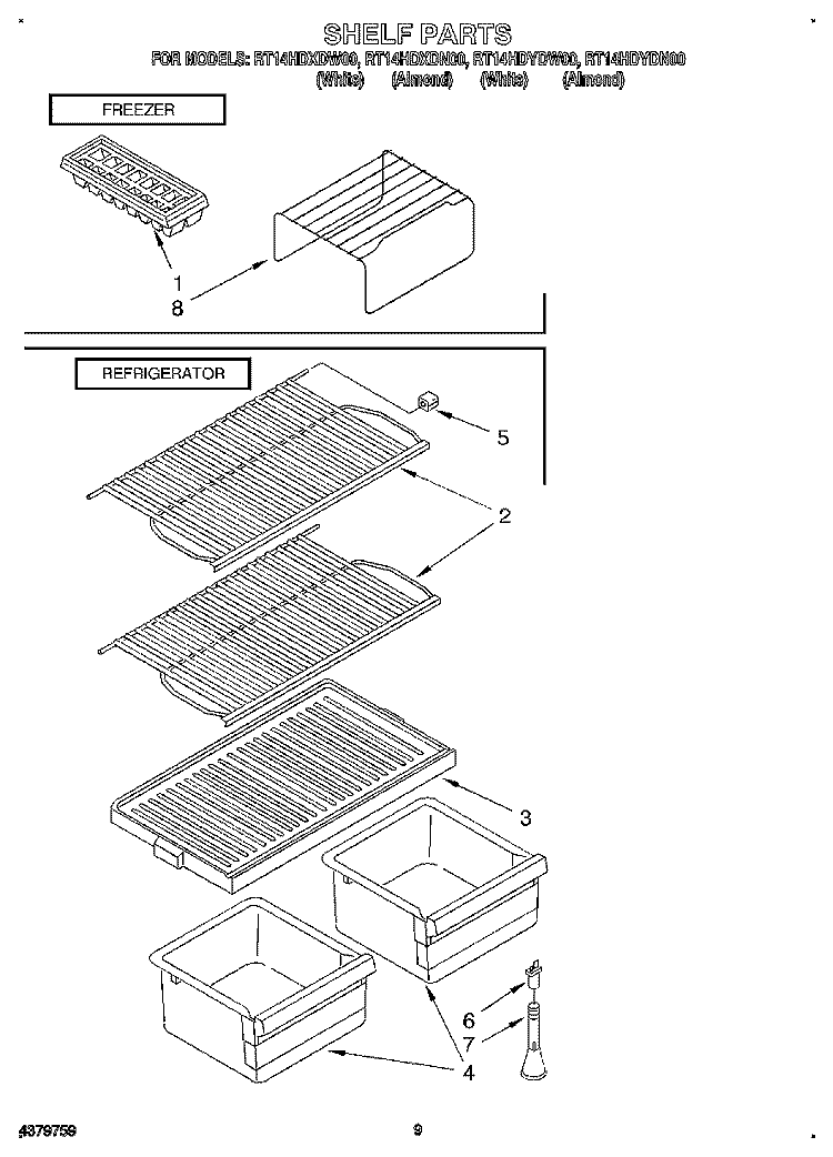 SHELF Diagram and Parts List for RT14HDYDW00  Roper Refrigerator