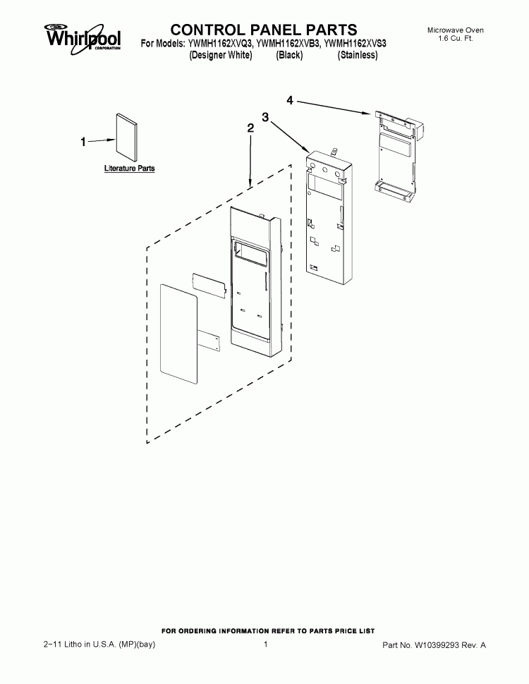 CONTROL PANEL PARTS Diagram and Parts List for YWMH1162XVB3  Whirlpool Microwave