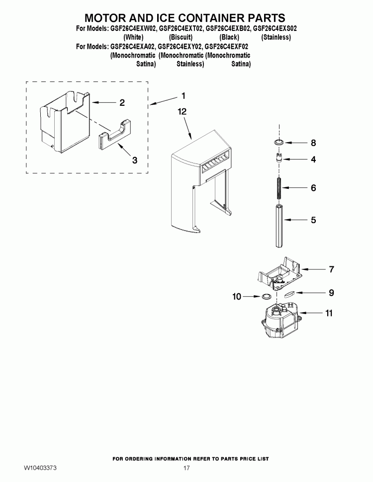 MOTOR AND ICE CONTAINER PARTS Diagram and Parts List for GSF26C4EXB02  Whirlpool Refrigerator