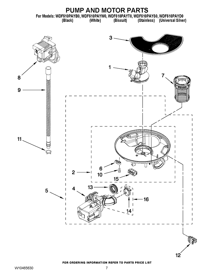 PUMP AND MOTOR PARTS Diagram and Parts List for WDF510PAYS0  Whirlpool Dishwasher