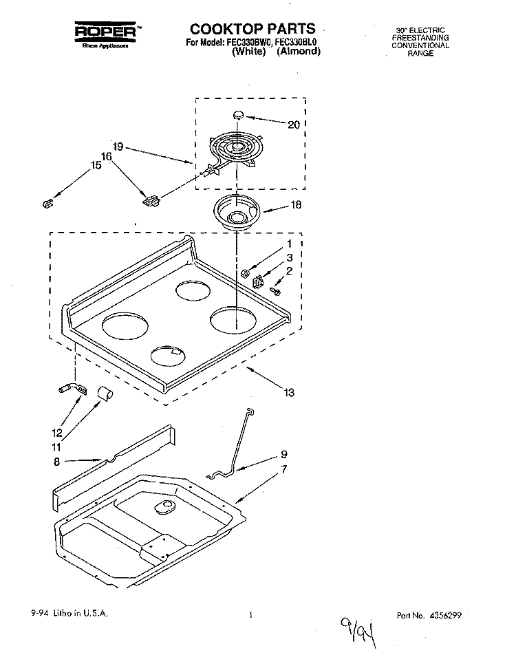 COOKTOP Diagram and Parts List for FEC330BW0  Roper Range