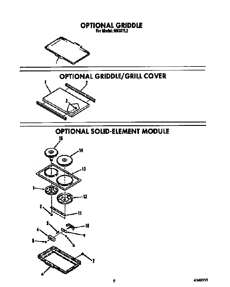 Griddle/cover/element Modules Diagram and Parts List for N9357*2  Roper Range
