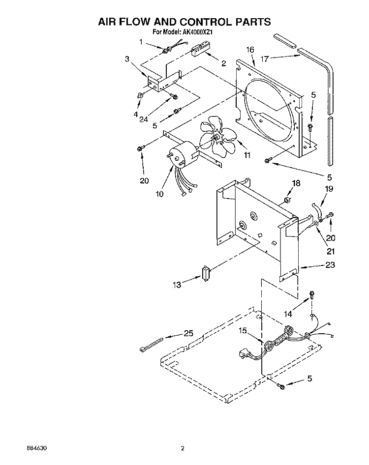 AIR FLOW AND CONTROL Diagram and Parts List for AK4000XZ1  Whirlpool Dehumidifier