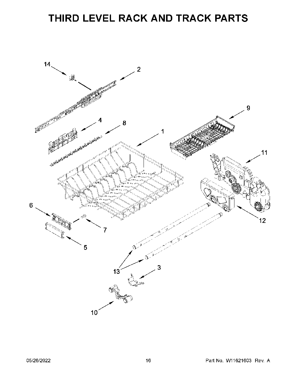 Third Level Rack And Track Parts Diagram and Parts List for KDPM704KPS1  KitchenAid Dishwasher