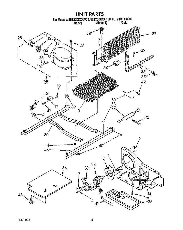 UNIT Diagram and Parts List for 8ET20DKXAN00  Whirlpool Refrigerator