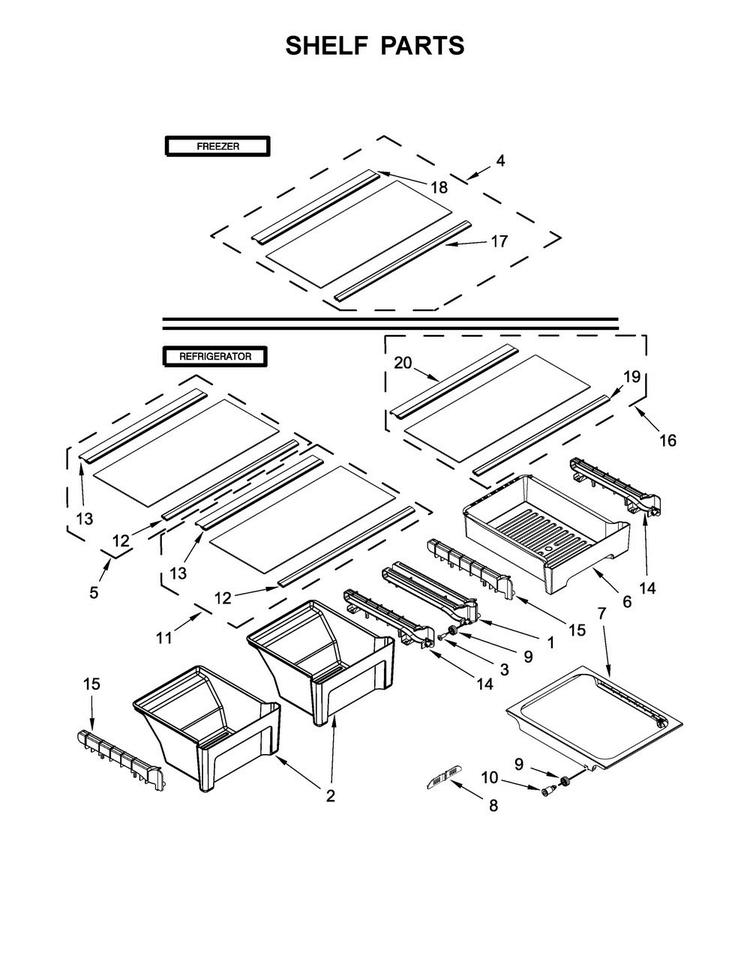 Shelf Parts Diagram and Parts List for WRT519SZDB02  Whirlpool Refrigerator