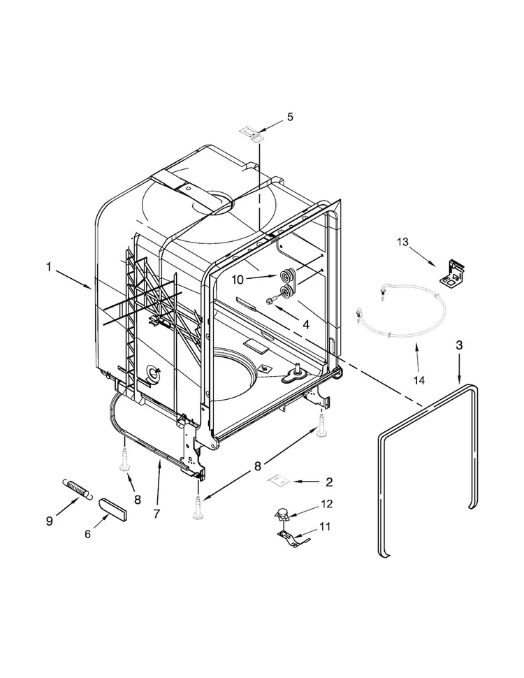 Tub And Frame Parts Diagram and Parts List for WDP340PAFW0  Whirlpool Dishwasher