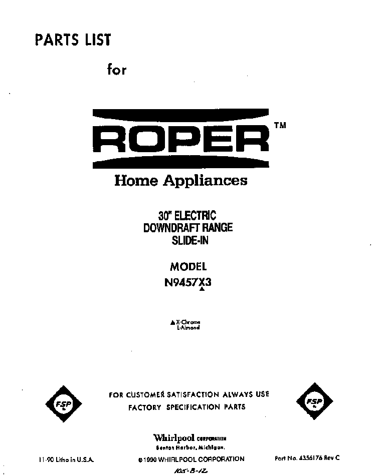 Front Cover Diagram and Parts List for N9457*3  Roper Range