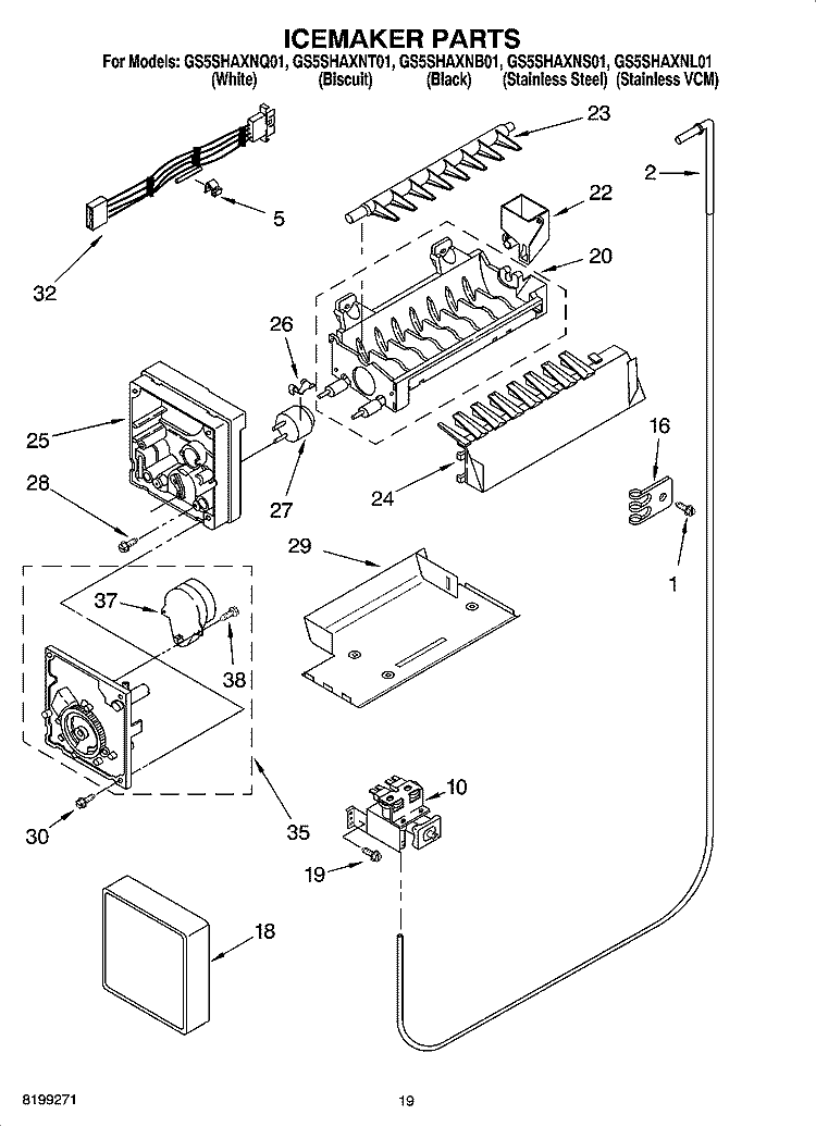 ICEMAKER PARTS, OPTIONAL PARTS Diagram and Parts List for GS5SHAXNL01  Whirlpool Refrigerator